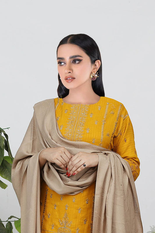 AA Peach Embroided Dil Naaz- 3pcs- Skin Wool Shawl -A4
