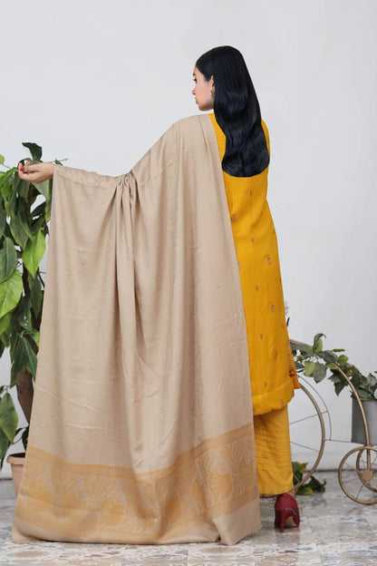 AA Peach Embroided Dil Naaz- 3pcs- Skin Wool Shawl -A4