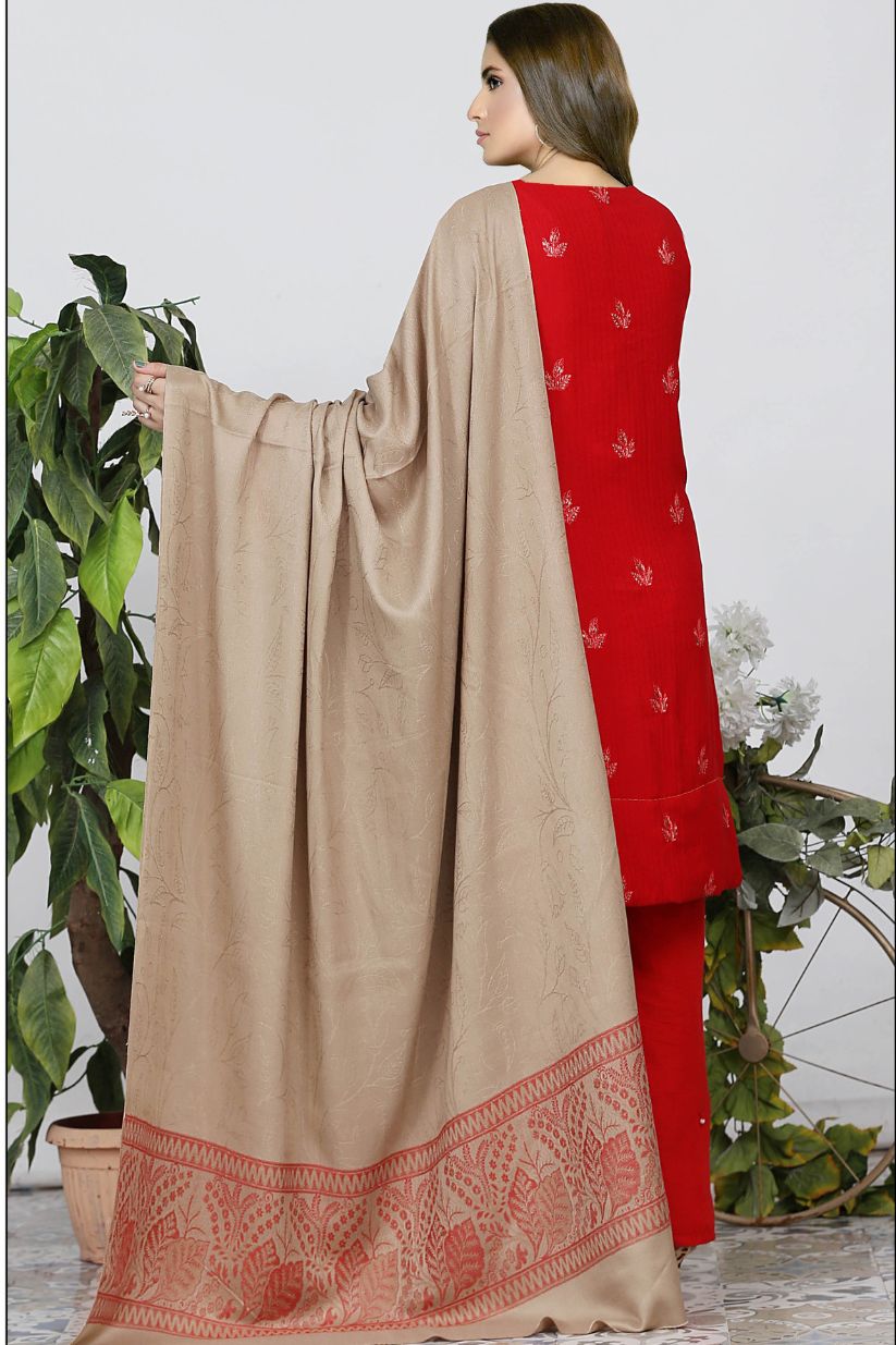 AA Peach Embroided Dil Naaz- 3pcs- Skin Wool Shawl -A7