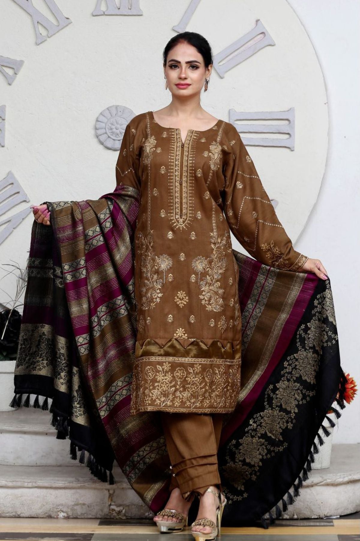 AA Peach Embroidered 01-03pc-Banarasi Shawl -A2