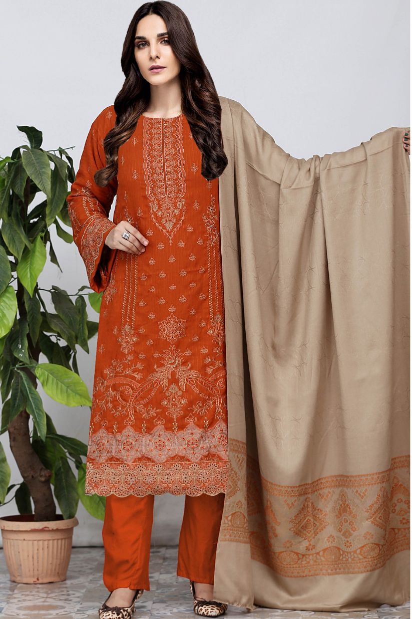 AA Peach Embroided Dil Naaz- 3pcs- Skin Wool Shawl -A3